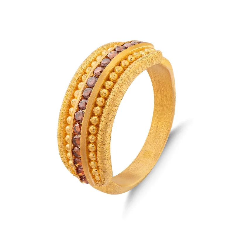 Simple promise rings for women-Beaded Detail Tapered RIng with Cognac Diamond