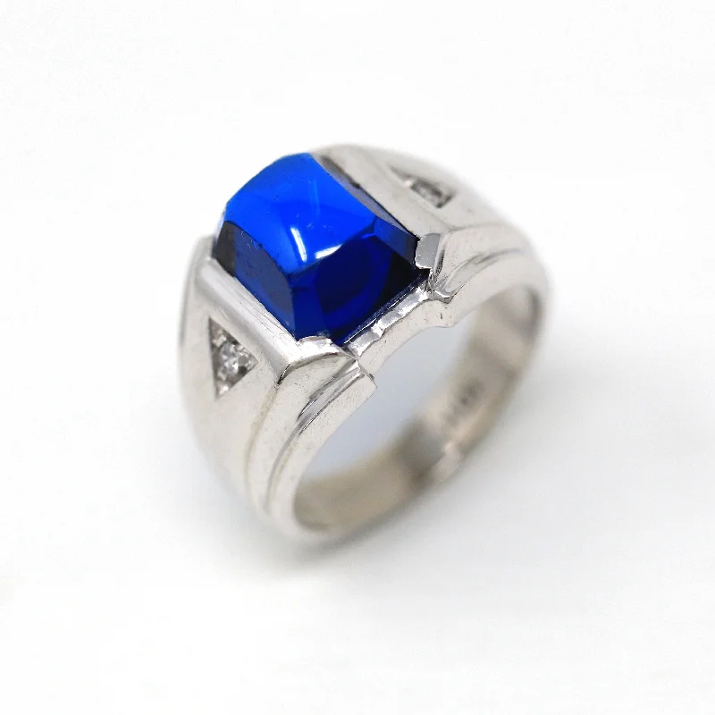 Unique rings with colored gemstones-Sale - Created Spinel Ring - Retro 10k White Gold Sugarloaf Cut Cobalt Blue Stone - Vintage Circa 1960s Era Size 5 1/4 Statement Jewelry