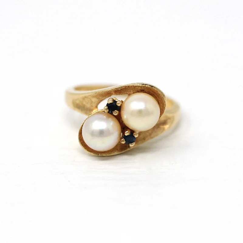 Classic gold engagement rings for her-Sale - Cultured Pearl Ring - Retro 14k Yellow Gold Toi Et Moi Sapphire Gem Bypass - Vintage 1960s Size 5 June Birthstone Fine 60s Jewelry