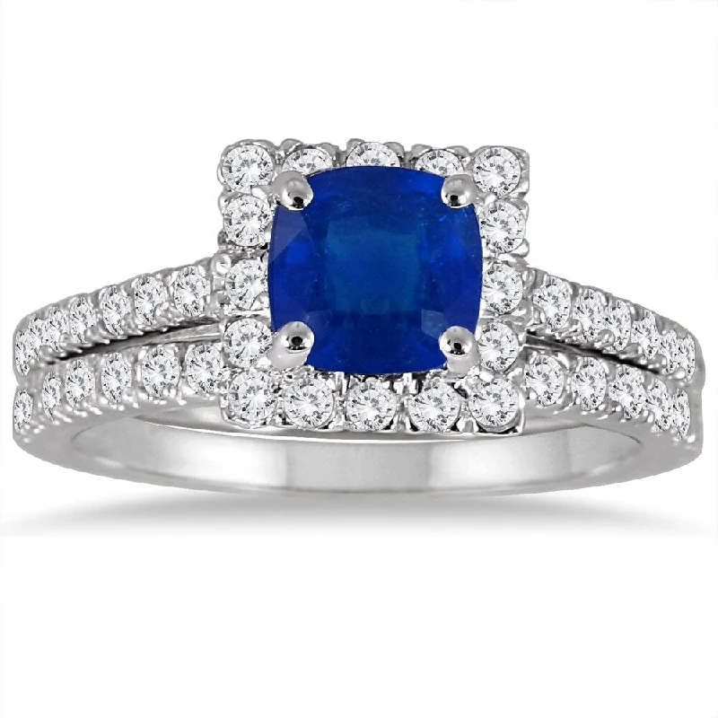 Gold engagement rings for men-Cushion Cut Sapphire and Diamond Bridal Set in 14K White Gold