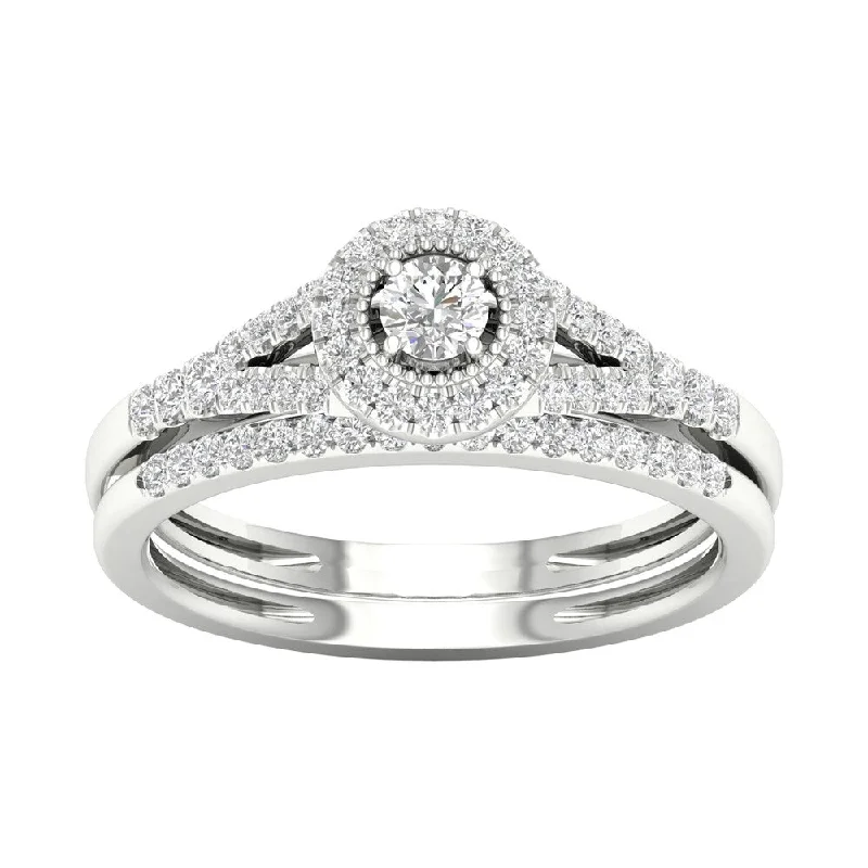 Unique engagement rings for men-De Couer 10k Gold 1/3ct TDW Diamond Halo Split Shank Bridal Set