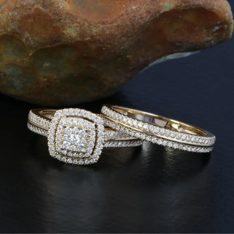 Custom signet rings for wedding bands-De Couer 14k Yellow Gold 1/2ct TDW Diamond Cluster Halo Bridal Set