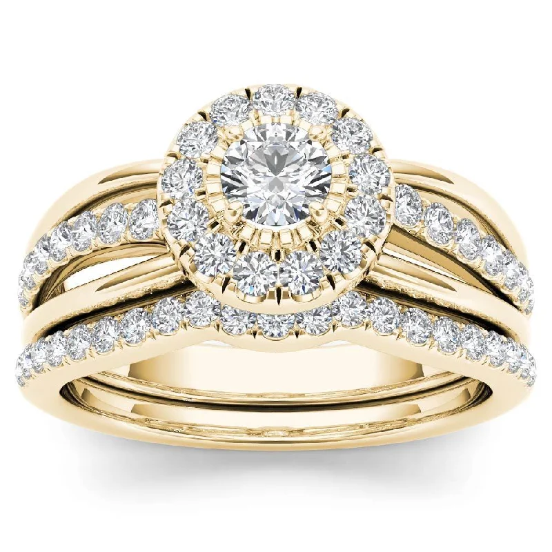 Elegant gemstone rings for women-De Couer 14k Yellow Gold 3/4ct TDW Diamond Halo Bridal Set