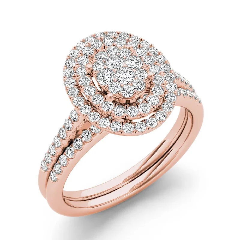 Custom rings with gemstones for men-De Couer IGI Certified 10k Rose Gold 1/2ct TDW Oval Shaped Cluster Halo Bridal Set