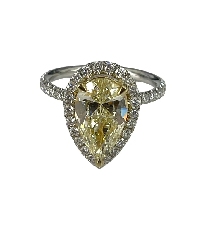 Stackable engagement rings with diamonds-Halo Pear Brilliant Fancy Yellow Diamond Engagement Ring 18kt