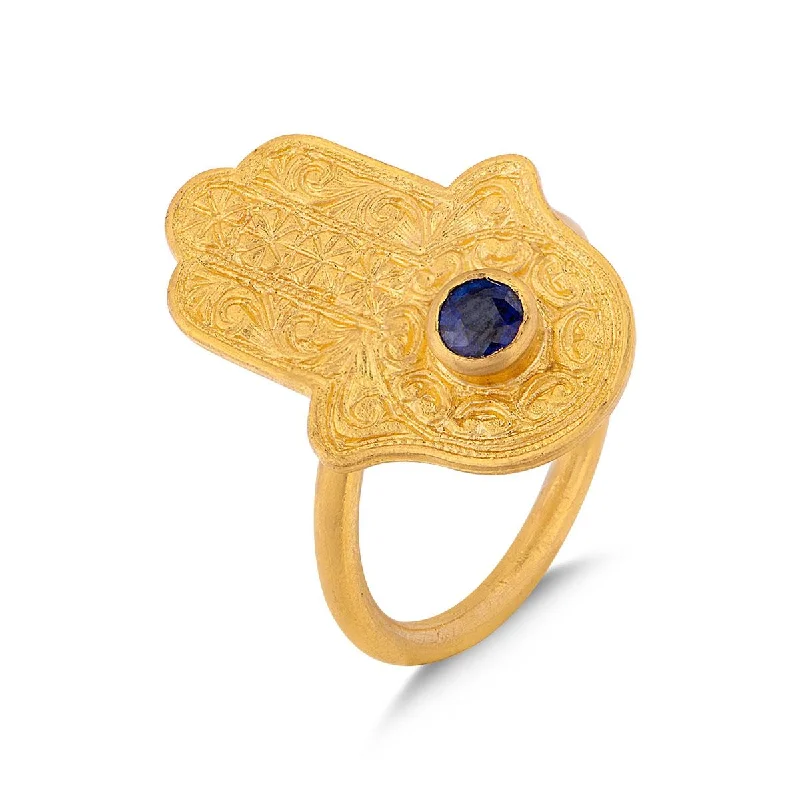 Designer engagement rings for women-Hamsa Ring with Sapphire