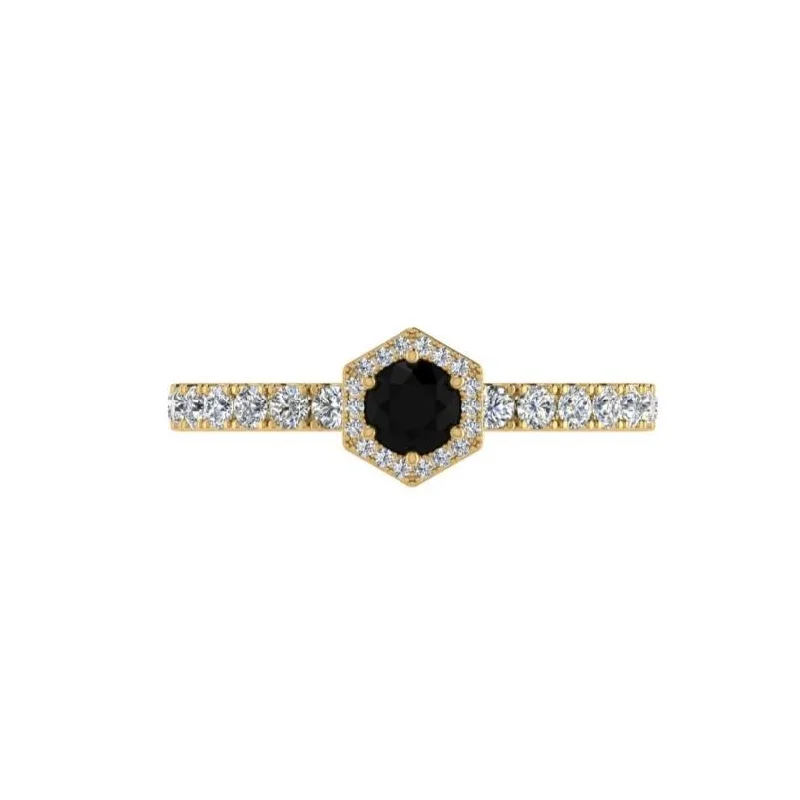 Custom birthstone rings for women-Hexagon Halo Black Diamond Ring