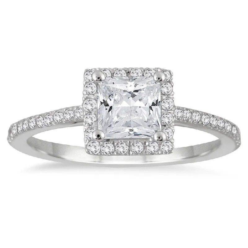 Fashion rings with diamonds for women-Marquee 14k White Gold 1ct TDW Princess-cut Diamond Halo Ring