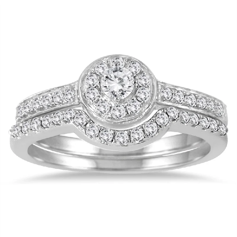 Diamond engagement rings for women-Marquee Jewels 10k White Gold 1/2 CT TDW Diamond Halo Bridal Ring Set