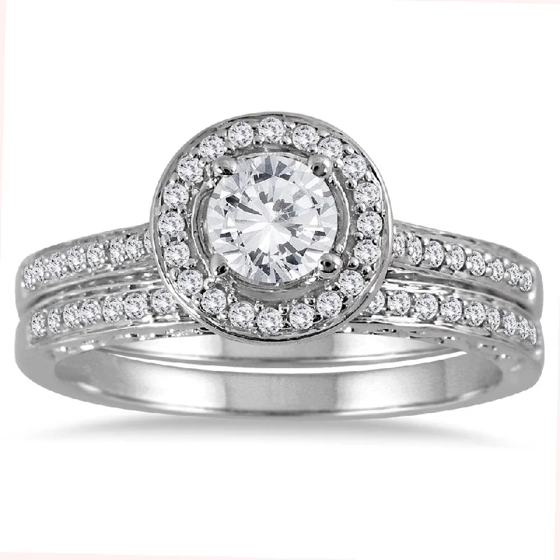 Silver engagement rings for her-Marquee Jewels 14k White Gold 7/8ct TDW Diamond Halo Bridal Set