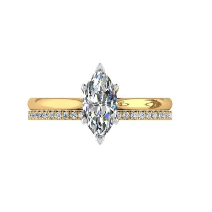 Gold engagement rings for men-Marquise Diamond Engagement Ring and Eternity Band Set