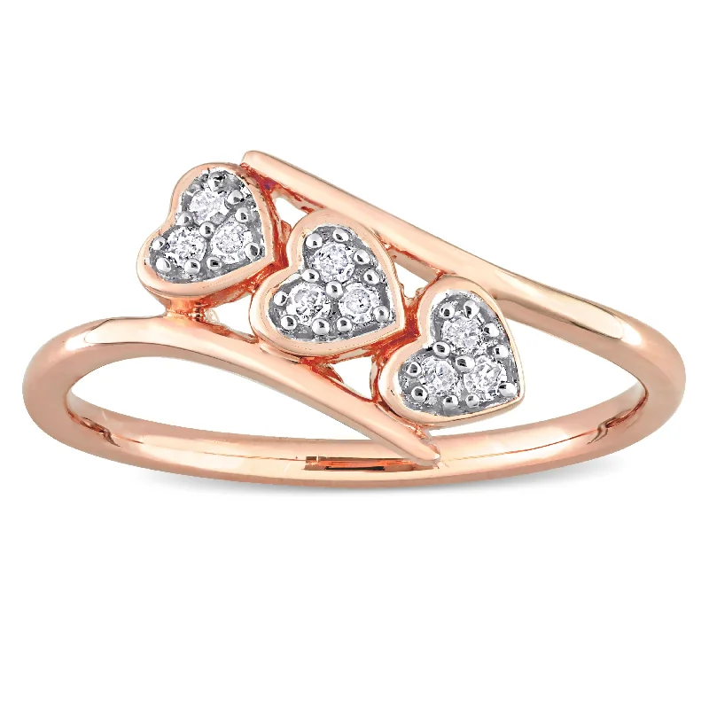 Antique style engagement rings-Miadora 1/10ct TDW Diamond Triple Heart Promise Ring in Rose Plated Sterling Silver