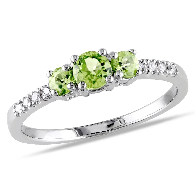 Custom engraved wedding bands-Miadora 1/2ct TGW Peridot 3-Stone Ring with Diamond Accents in 10k White Gold