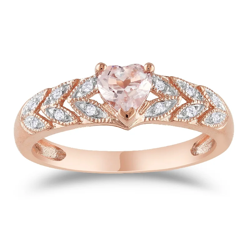 Designer wedding rings for couples-Miadora 10k Rose Gold Heart-cut Morganite and Diamond Accent Leaf Set Anniversary Ring