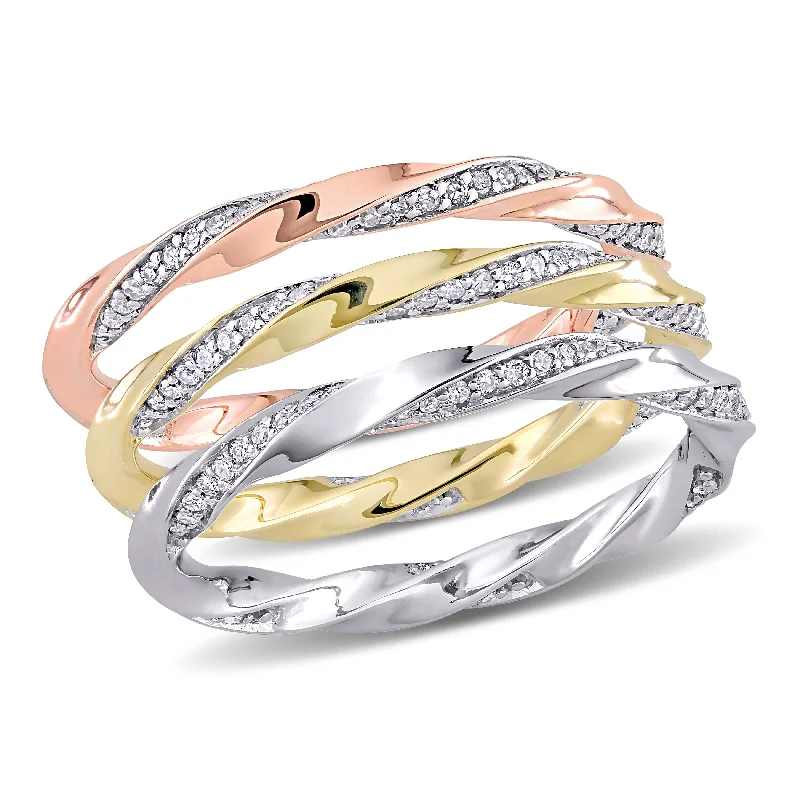 Platinum engagement rings for women-Miadora 10k Three-Tone Gold 3/4ct TDW Diamond 3-Piece Stackable Eternity Ring Set