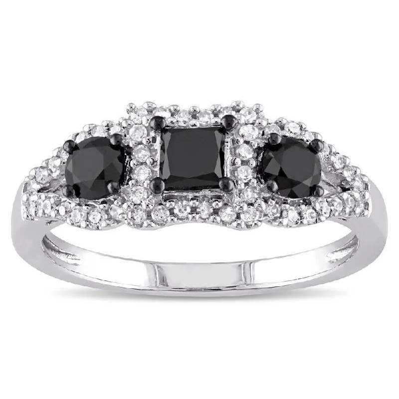 Stackable engagement rings with diamonds-Miadora 10k White Gold 1ct TDW Black and White Diamond 3-stone Halo Ring