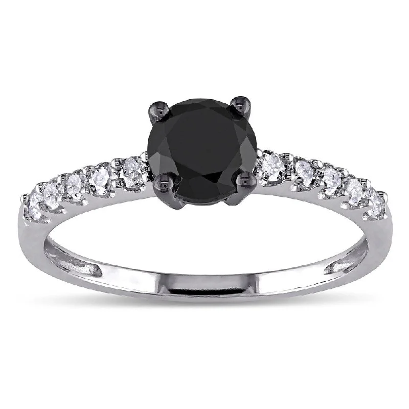 Wedding rings with colored stones-Miadora 10k White Gold 1ct TDW Black and White Diamond Engagement Ring