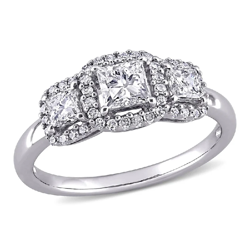 Trendy engagement rings for men-Miadora 10k White Gold 1ct TDW Princess-cut Diamond 3-Stone Halo Engagement Ring