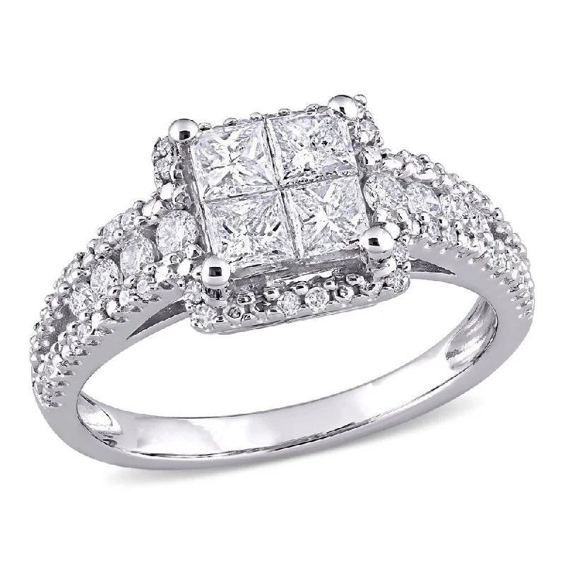 Sterling silver rings for men-Miadora 10k White Gold 1ct TDW Princess & Round-cut Quad Diamond Engagement Ring