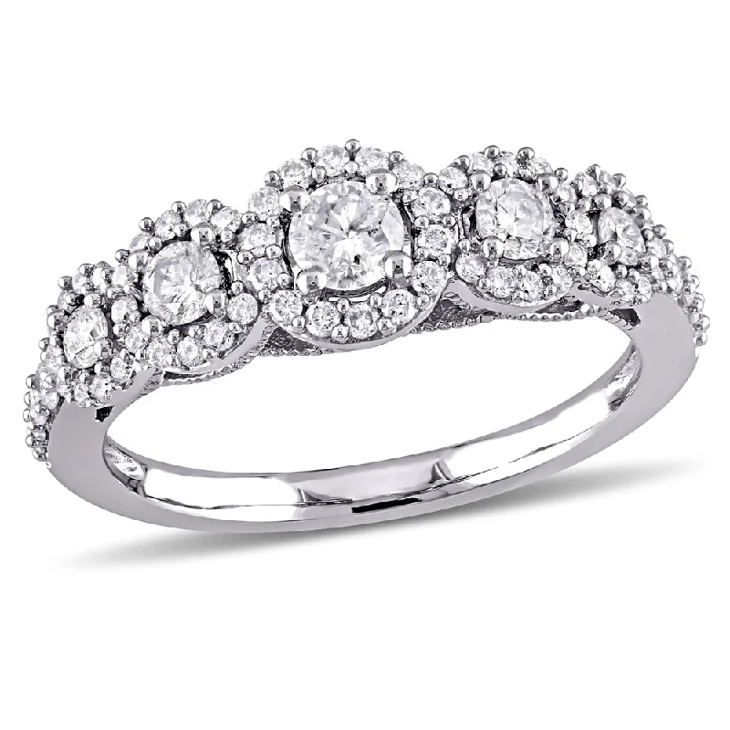 Fashionable rings for men with stones-Miadora 10k White Gold 3/4ct TDW Diamond 5-Stone Halo Engagement Ring