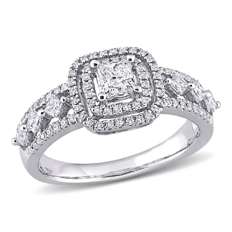 Trendy engagement rings for men-Miadora 10k White Gold 4/5ct TDW Princess-cut Diamond Double Halo Engagement Ring