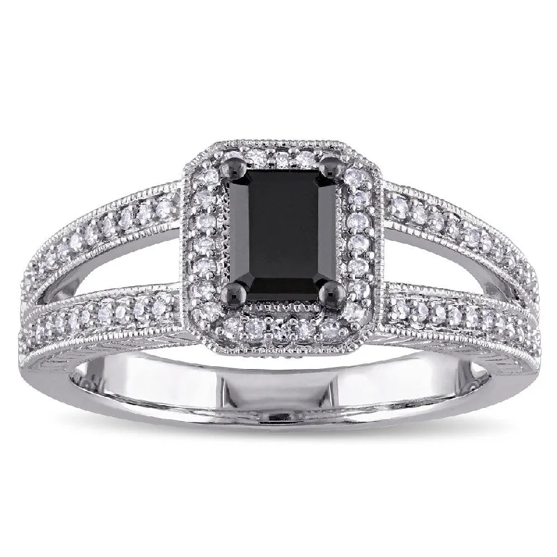 Vintage wedding rings for couples-Miadora 10k White Gold 7/8ct TDW Black and White Diamond Halo Split Shank Engagement Ring