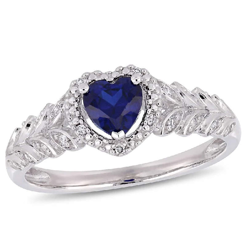 Custom fashion rings for women-Miadora 10k White Gold Created Blue Sapphire and Diamond Heart Halo Ring