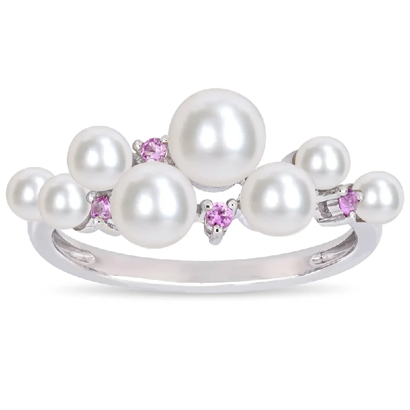 Custom rings with gemstones for men-Miadora 10k White Gold Cultured Freshwater Pearl Pink Sapphire Ring (3-5.5mm)