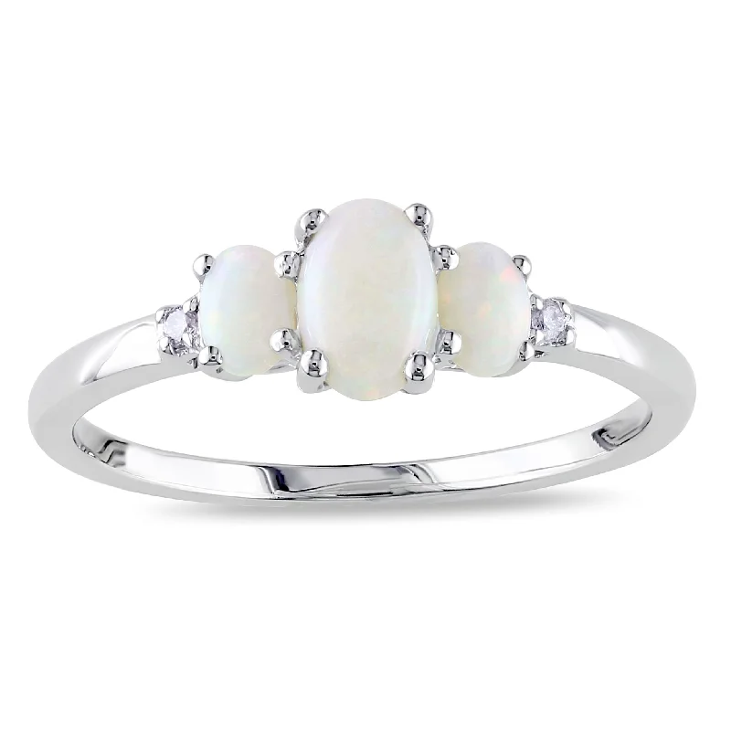 Simple gold promise rings for women-Miadora 10k White Gold Opal and Diamond Three Stone Ring