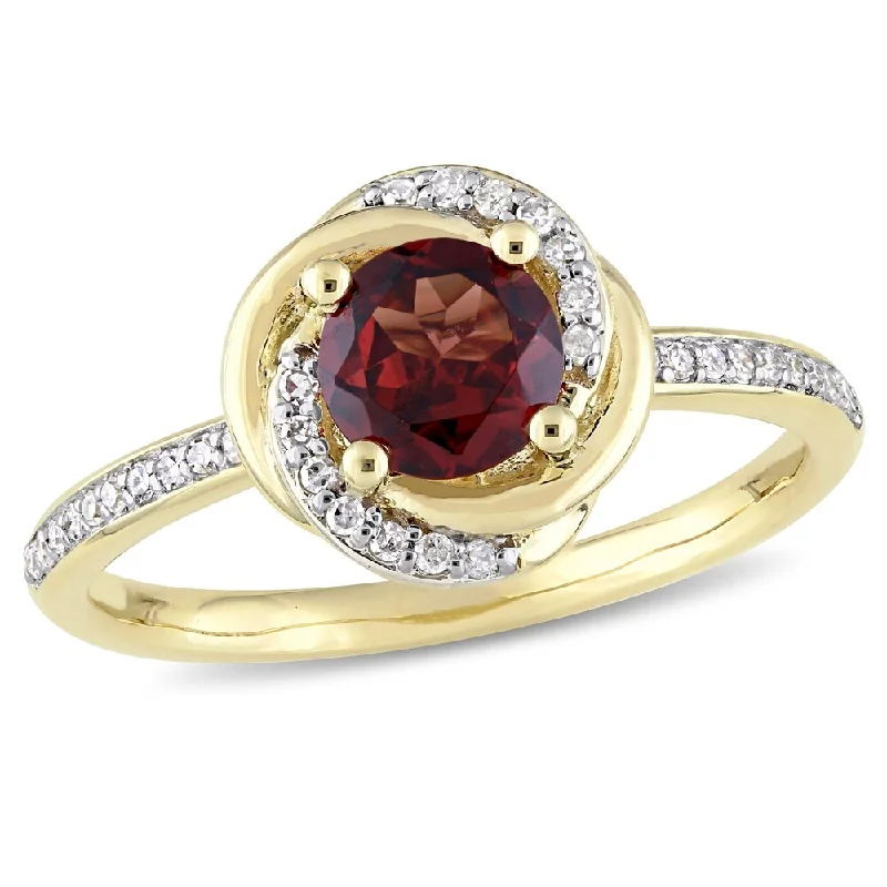 Personalized rings with gemstones-Miadora 10k Yellow Gold Garnet and 1/6ct TDW Diamond Swirl Halo Ring