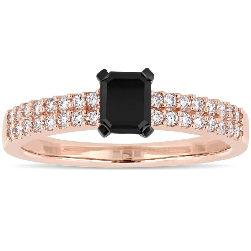 Elegant gemstone rings for women-Miadora 14k Rose Gold 3/4ct TDW Emerald and Round-cut Black and White Diamond Engagement Ring