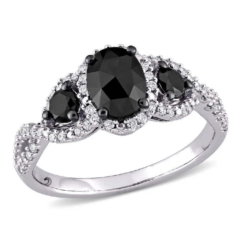 Unique wedding bands for men-Miadora 14k White Gold 1 1/3ct TDW Oval Black & White Diamond 3-Stone Halo Infinity Engagement Ring