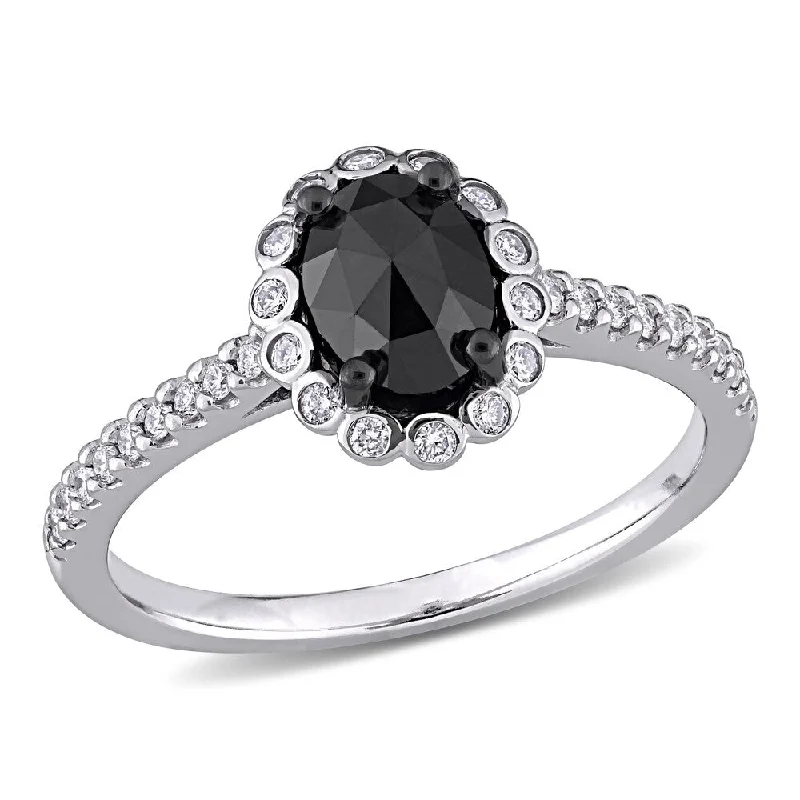 Simple men’s wedding bands-Miadora 14k White Gold 1 1/5ct TDW Oval Black & White Diamond Halo Engagement Ring