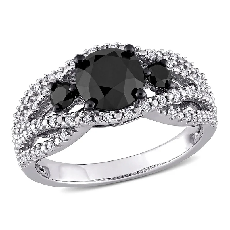 Affordable diamond wedding bands for men-Miadora 14k White Gold 1 7/8ct TDW Black & White Diamond Criss-Cross 3-stone Engagement Ring