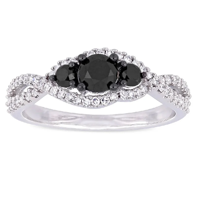 Unique gold engagement rings with diamonds-Miadora 14k White Gold 1ct TDW Black and White Diamond Crossover Engagement Ring