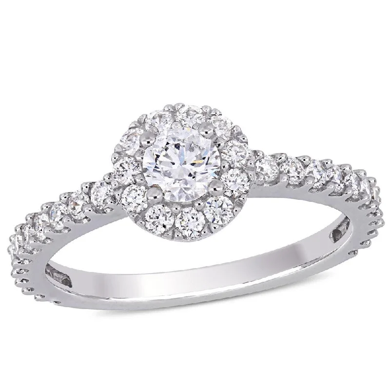 Fashionable stackable rings for women-Miadora 14k White Gold 1ct TDW Diamond Halo Engagement Ring