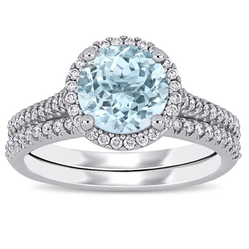 Fashion rings for women with pearls-Miadora 14k White Gold Aquamarine and 1/3ct TDW Diamond Halo Bridal Ring Set