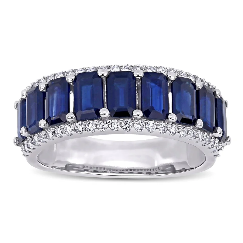 Gold wedding rings with diamonds-Miadora 14k White Gold Octagon-Cut Blue Sapphire and 1/3ct TDW Diamond Anniversary Band