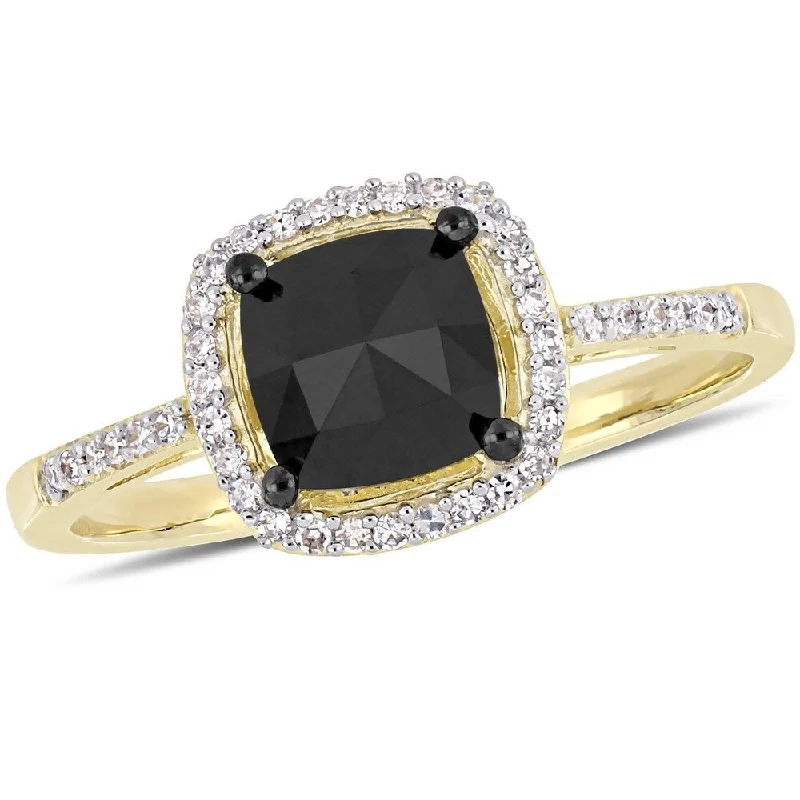 Trendy engagement rings for men-Miadora 14k Yellow Gold with Black Rhodium 1ct TDW Black and White Diamond Halo Engagement Ring