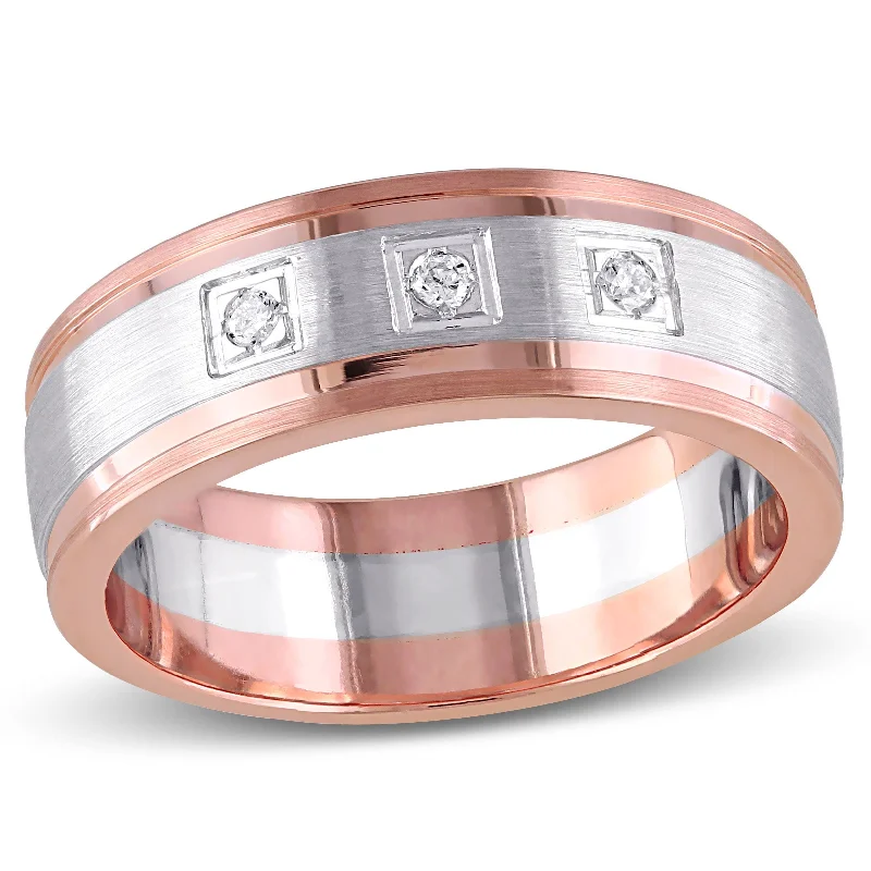 Designer wedding rings for couples-Miadora 18k 2-Tone White and Rose Gold Diamond Accent 3-Stone Carved Wedding Band Ring