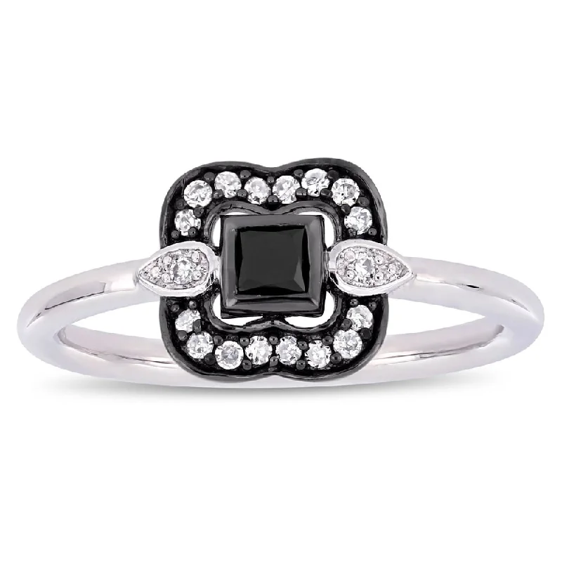 Unique gold engagement rings with diamonds-Miadora 2-Tone 10k White Gold with Black Rhodium 1/4ct TDW Black and White Diamond Curved Square Halo Engagement Ring