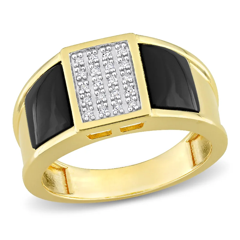 Custom rings with gemstones for men-Miadora 2ct TGW Square Black Onyx and 1/10ct TDW Diamond Mens Ring in Yellow Silver