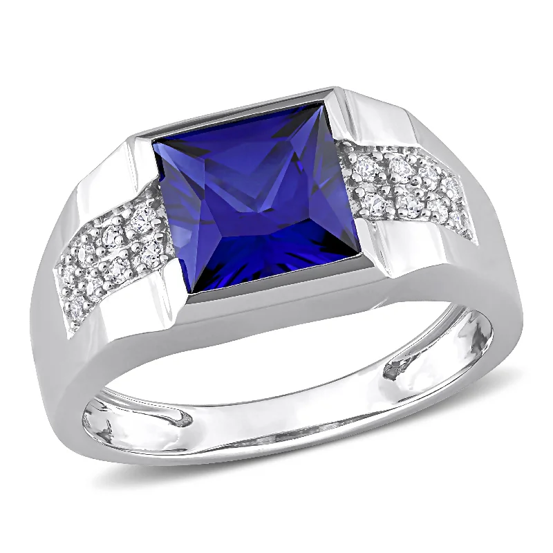 Designer wedding bands for men-Miadora 3 1/4 CT TGW Created Blue and White Sapphire Mens Ring in 10k White Gold