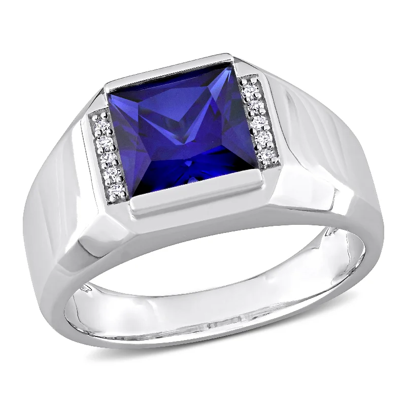 Elegant diamond rings for women-Miadora 3 CT TGW Created Sapphire and Diamond Accent Mens Ring in 10k White Gold