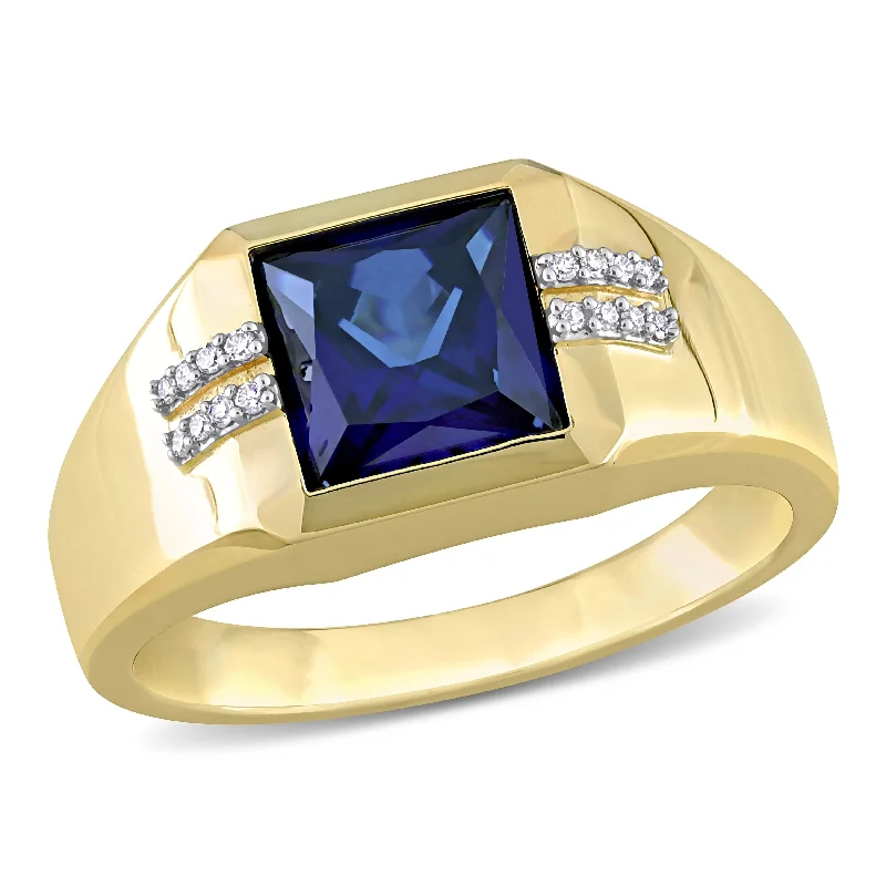 Men’s fashion rings with diamonds-Miadora 3 CT TGW Square Created Blue Sapphire and Diamond Accent Mens Ring in 10k Yellow Gold