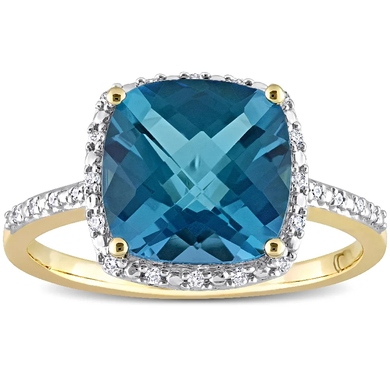 Luxury wedding rings for women-Miadora 5 1/4ct TGW London Blue Topaz & 1/10ct TDW Diamond Cocktail Ring in 14k Yellow Gold