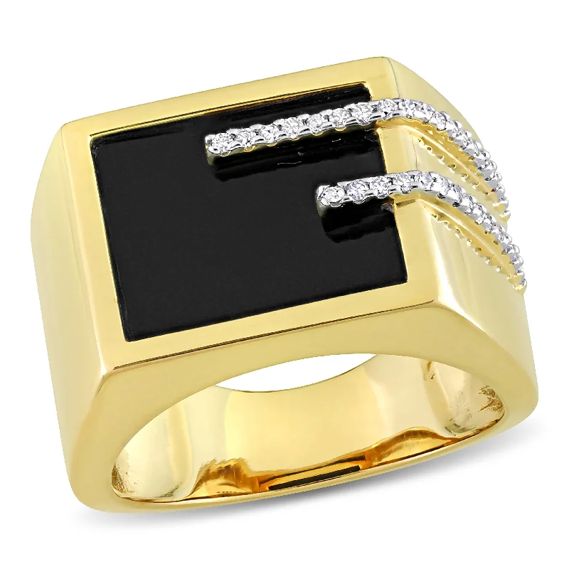 Simple silver wedding bands for women-Miadora 5ct TGW Square Black Onyx and 1/6 ct TDW Diamond Mens Ring in Yellow Silver