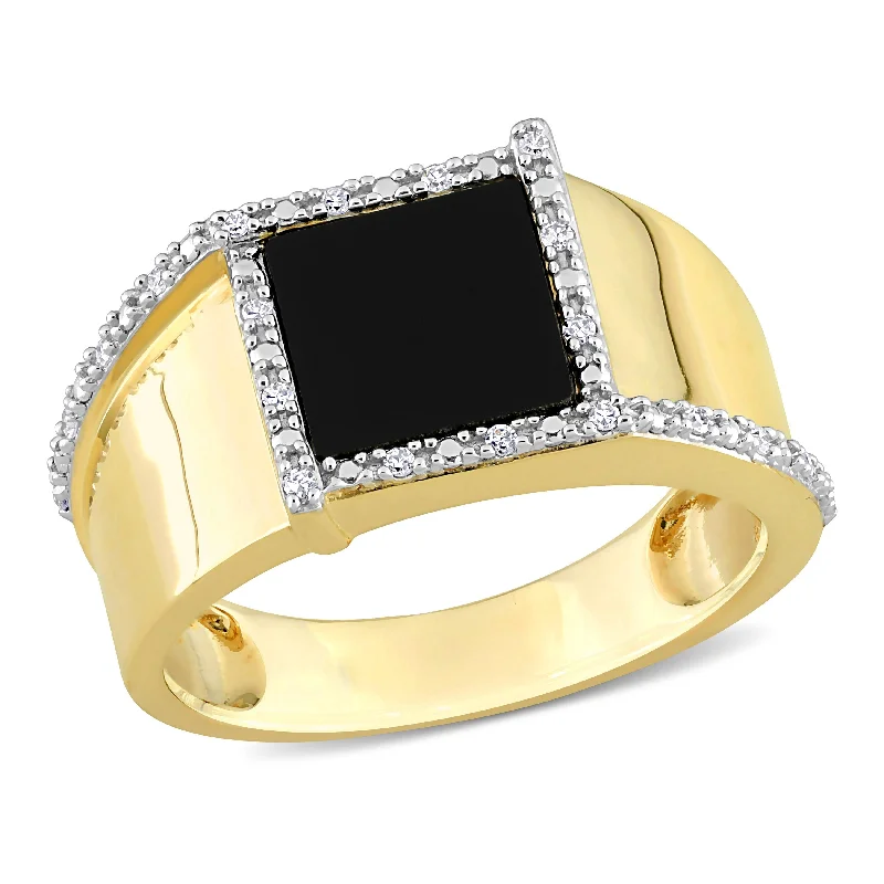 Silver wedding bands for men-Miadora 6 CT TGW Square Black Onyx and 1/10 CT TDW Diamond Mens Ring in 10k Yellow Gold