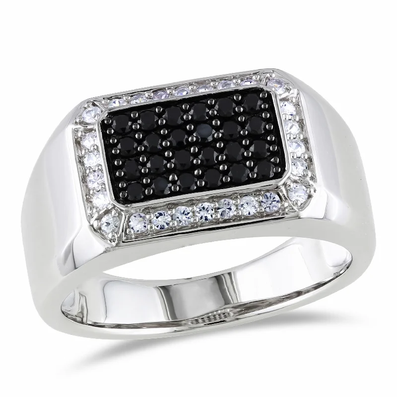 Custom fashion rings for women-Miadora Mens Halo Black Spinel and White Sapphire Square Ring in Sterling Silver