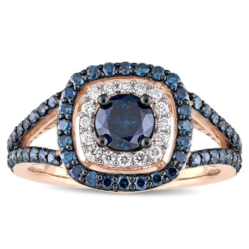 Simple platinum wedding rings for women-Miadora Signature Collection 10k Rose Gold with Black Rhodium 1-1/3ct TDW Blue and White Diamond Double Halo Engagement Ring